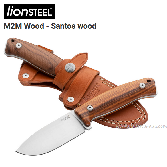 Lion Steel M2M ST Fixed Blade Knife, M390 Satin, Santos Wood, Leather Sheath